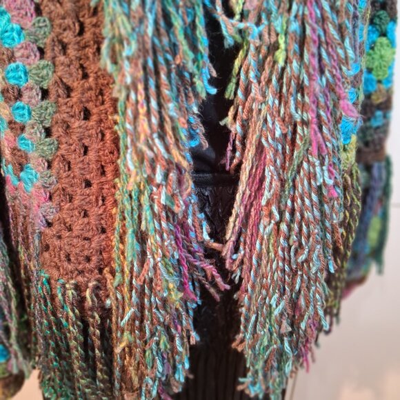 My Fairy Forrest Brown Green Turquoise Granny Square Super Fringe Sweater L/XL - Picture 16 of 16